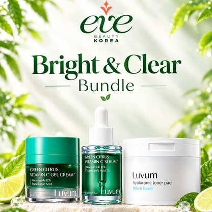 Three skincare products from Eve Beauty Korea are displayed in a promotional bundle: a green jar of Green Citrus Vitamin C Gel Cream, a green dropper bottle of Green Citrus Vitamin C Serum, and a white tub of Luvum Hyaluronic Toner Pad. The products are arranged on a textured stone slab with lime slices and water droplets, set against a bright, sunlit background with green leaves.